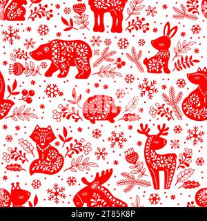 Motif sans couture vectoriel. Silhouettes rouges ornées d'animaux forestiers cerf, ours, élan, renard, lièvre, écureuil, hérisson parmi les fleurs sur fond blanc Illustration de Vecteur