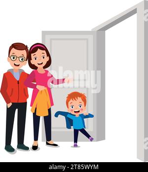 famille se préparant devant la porte Illustration de Vecteur