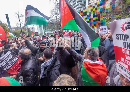 Lewisham, Londres, Royaume-Uni. 18 novembre 23. Plusieurs milliers de personnes ont participé au rassemblement devant le Glass Mills Leisure Centre à la fin du mois de mars, lors de l'une des nombreuses manifestations locales organisées autour du Royaume-Uni en solidarité avec la Palestine, appelant à un cessez-le-feu immédiat et condamnant les députés, dont la députée locale Vicky Foxcroft qui a voté cette semaine contre un cessez-le-feu. Il y avait une incrédulité en colère lorsque la police a arrêté une jeune femme pour une pancarte qu'elle portait. Peter Marshall/Alamy Live News Banque D'Images