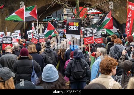 Lewisham, Londres, Royaume-Uni. 18 novembre 23. Plusieurs milliers de personnes ont participé au rassemblement devant le Glass Mills Leisure Centre à la fin du mois de mars, lors de l'une des nombreuses manifestations locales organisées autour du Royaume-Uni en solidarité avec la Palestine, appelant à un cessez-le-feu immédiat et condamnant les députés, dont la députée locale Vicky Foxcroft qui a voté cette semaine contre un cessez-le-feu. Il y avait une incrédulité en colère lorsque la police a arrêté une jeune femme pour une pancarte qu'elle portait. Peter Marshall/Alamy Live News Banque D'Images