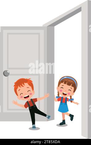 mignon garçon rencontrant son ami à la porte Illustration de Vecteur