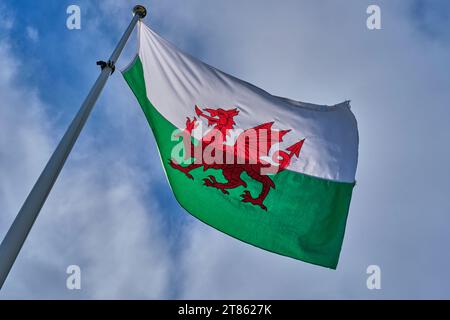 Le drapeau gallois flotte sur le quai de Portmeirion, Gwynedd, pays de Galles Banque D'Images