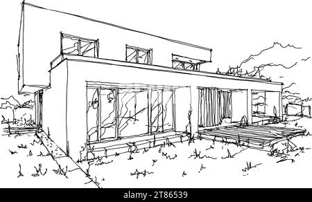 croquis architecturaux dessinés à la main d'une maison individuelle moderne de deux étages avec toit plat et personnes autour Banque D'Images