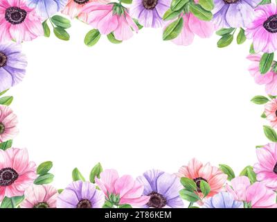 Cadre rectangle avec anémone, verdure. Fleurs printanières et feuilles vertes. Feuilles d'acacia, feuille de thé et fleur de vent. Illustration à l'aquarelle. Espace de copie Banque D'Images