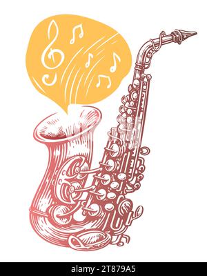 Saxophone avec notes de musique sur affiche. Musique classique, concert de jazz Illustration de Vecteur