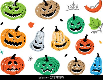 Visages de citrouilles d'halloween d'automne. Citrouilles. Citrouilles d'automne visages effrayants. Légumes d'Halloween. Illustration vectorielle. Illustration de Vecteur