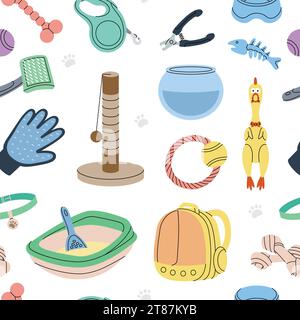 Modèle de fournitures PET. Accessoires pour animaux, bannière de fournitures de jouets. Oreiller de couchage, jouet à mâcher, médaille, ciseaux, coupe-ongles, brosse, décapant de fourrure, aquarium Illustration de Vecteur