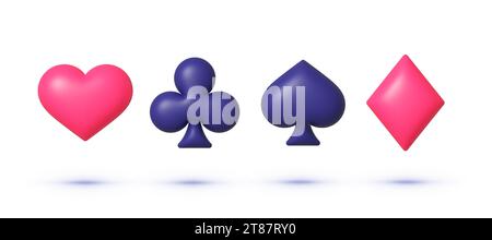 Symboles de cartes à jouer 3d sur fond blanc. Pique d'as de coeur de poker, symbole de carte de casino de diamant. Illustration vectorielle Illustration de Vecteur