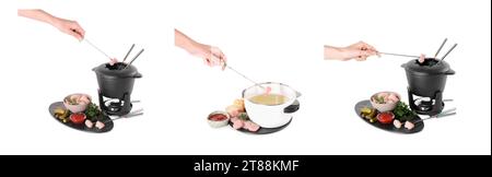 Femme plongeant morceau de viande crue dans des pots à fondue sur fond blanc, ensemble de photos Banque D'Images