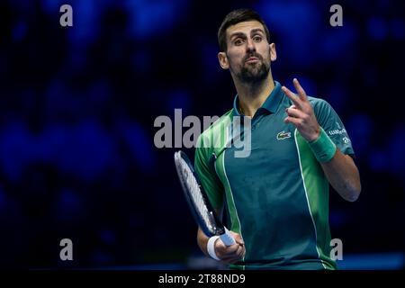 Turin, Italie. 19 novembre 2023. Novak Djokovic, de Serbie, réagit lors du match de demi-finale contre Carlos Alcaraz, d'Espagne, lors de la septième journée des finales Nitto ATP. Novak Djokovic a gagné 6-3, 6-2. Crédit : Nicolò Campo/Alamy Live News Banque D'Images