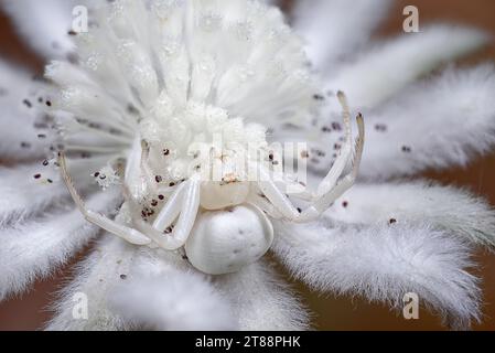 Araignée crabe blanc sur une fleur blanche indigène. Banque D'Images