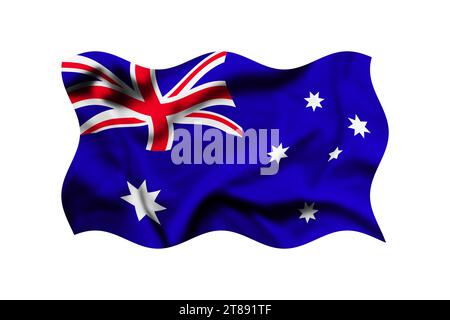 Drapeau ondulant de l'Australie isolé sur un fond blanc, dessin numérique par ordinateur, chemin de découpe inclus Banque D'Images