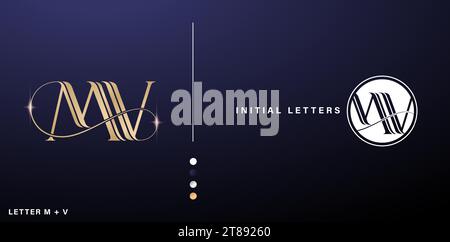 Lettre initiale MV logo design alphabet de couleur dorée avec style d'art au trait pour icône de carte de visite, signes d'entreprise, matériaux publicitaires feuille d'or Illustration de Vecteur