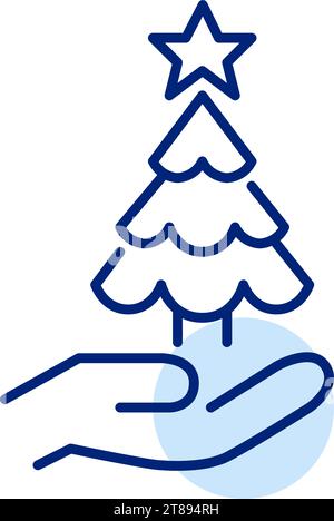 Sapin de Noël à la main. Décorations et cadeaux de vacances d'hiver. Icône Pixel Perfect Illustration de Vecteur