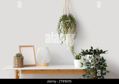 Table console avec différentes plantes d'intérieur, lanterne et cadre photo vide près du mur blanc Banque D'Images