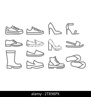 Chaussures, hommes et femmes ensemble d'icônes vectorielles. Talons hauts, baskets et bottes icônes de chaussures. Ligne modifiable. Illustration de Vecteur