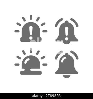 Éclairage d'urgence et cloche avec icônes de point d'exclamation. Témoin d'alarme, avertissement et icône de signal définis. Illustration de Vecteur