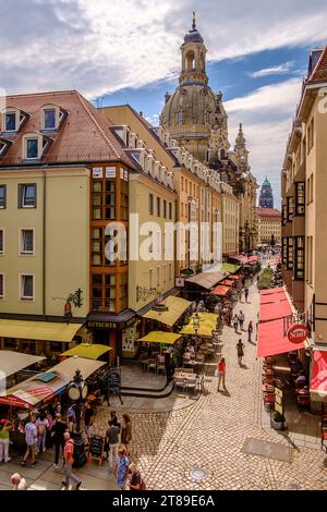 Blick über die Münzgasse zur Frauenkirche. Dresde, Sachsen, Deutschland. Blick in die Altstadt *** vue sur le Münzgasse à la Frauenkirche Dresde, Saxe, Allemagne vue sur la vieille ville crédit : Imago/Alamy Live News Banque D'Images