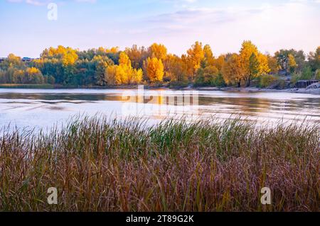 Journée ensoleillée d'automne près de la rivière bleue Dniepr à Kiev, Ukraine, avec des arbres jaunes d'automne autour Banque D'Images