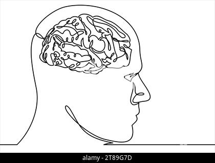Dessin continu de la tête humaine et du cerveau Illustration de Vecteur