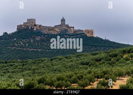 Forteresse de la Mota, Alcala la Real, Jaén, construite à l'époque nasride, entourée de champs d'oliviers, Andalousie. Banque D'Images