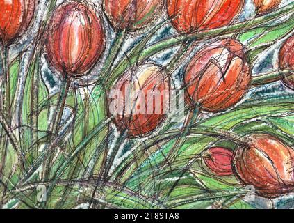 Une illustration en couleur de tulipes oranges en fleurs. Banque D'Images