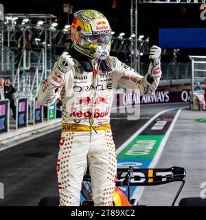 Las Vegas, Nevada - 19 novembre 2023 : Max Verstappen, pilote de la voiture de F1 #1 Oracle Red Bull Racing, célèbre dans la voie de la victoire après avoir remporté le Heineken Silver Las Vegas Grand Prix sur le circuit Strip de Las Vegas. Crédit : Nick Paruch / Alamy Live News Banque D'Images