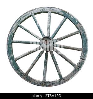 Vieille roue en bois d'un chariot. Isolé sur blanc Banque D'Images