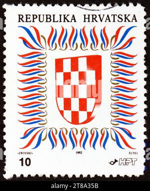 CROATIE - CIRCA 1992 : un timbre imprimé en Croatie montre des armoiries de Croatie, circa 1992 Banque D'Images