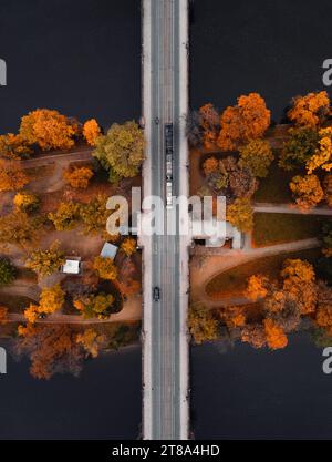 Vue de dessus du pont (route) au-dessus de l'île colorée Strelecky avec de beaux arbres jaunes à Prague Tchéquie - saison d'automne. Route avec voitures Banque D'Images