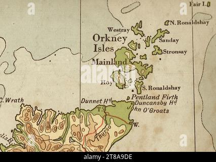Une ancienne carte géographique en couleur sépia de l'Écosse montrant les îles Orcades. Banque D'Images