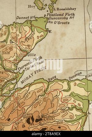 Une ancienne carte géographique en couleur sépia de l'Écosse montrant le Moray Firth. Banque D'Images