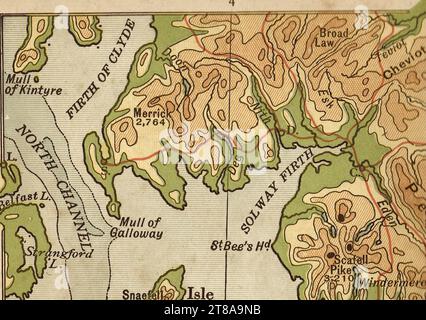 Une ancienne carte géographique en couleur sépia de l'Angleterre montrant le Solway Firth et le North Channel sur la côte nord-ouest. Banque D'Images