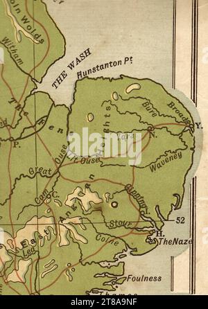 Une ancienne carte géographique en couleur sépia de l'Angleterre montrant East Anglia. Banque D'Images