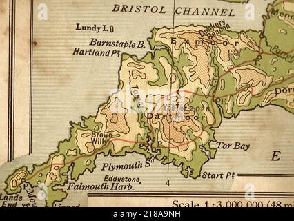 Une ancienne carte géographique en couleur sépia de l'Angleterre et du pays de Galles montrant les Cornouailles, le Devon et le canal de Bristol. Banque D'Images