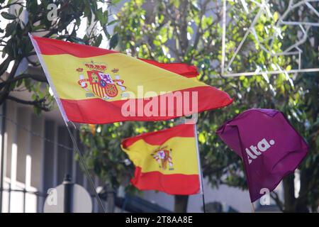 Oviedo, Espagne, le 19 novembre 2023 : plusieurs drapeaux de l'Espagne et de Revuelta brandissent pendant le Stop the coup! Rassemblement, le 19 novembre 2023, à Oviedo, Espagne. Crédit : Alberto Brevers / Alamy Live News. Banque D'Images