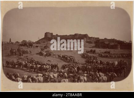 Les exercices impliquant des batteries d'éléphants, exotiques aux yeux des Européens, attiraient les spectateurs ; les photographies d'entre eux étaient d'excellents souvenirs de ces forces militaires employées par l'armée indienne britannique. Les éléphants avaient été employés dans la guerre en Inde depuis au moins les années 500 av. J.-C., mais avec l'avènement de l'artillerie lourde, leur fonction est passée de l'attaque à l'appui. Ils transportaient de grosses armes et des fournitures et travaillaient dans l'exploitation forestière et la construction. Il a fallu beaucoup de bétail pour tirer une charge qui pouvait être manipulée par deux éléphants. Batterie éléphant, Jhansi, 1887. Raja Deen Dayal (Indien, 1844-1905). Albumen Banque D'Images