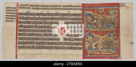 Les minuscules légendes écrites en sanskrit à droite du tableau identifient le sujet de cette scène : « enlèvement de l’embryon » et « transfert de l’embryon ». L'embryon est le fondateur à naître de la religion jaïne. Dans cet épisode miraculeux, une divinité à tête de chèvre qui préside à la fausse couche et à l'accouchement prend doucement l'embryon dans ses mains en coupelle loin de la dame Brahmane couchée dans la scène ci-dessus. Ci-dessous, il le porte à une reine, qui sera la mère biologique. Transfert de l'embryon de Mahavira, Folio 12 (recto), à partir d'un Kalpa-sutra, c. 1475-1500. Inde occidentale, Gujarat. Gomme tempera, moi Banque D'Images