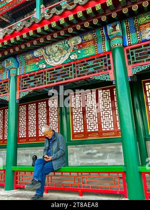 Pékin, Chine, touristes chinois visitant le parc urbain, 'parc Beihai', monuments historiques, homme assis devant le mur peint Banque D'Images