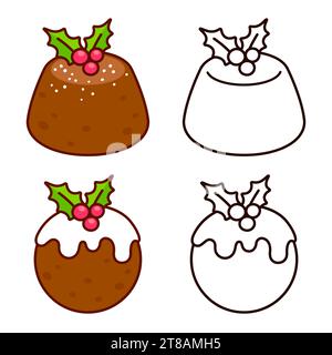 Pudding de Noël traditionnel aux baies de houx. Dessin de dessin animé en couleur et icône de ligne noire et blanche. Jeu d'illustrations clip art vectorielles. Illustration de Vecteur