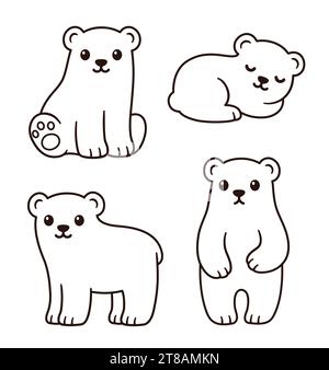 Mignon ours de dessin animé oursons au trait ensemble de dessin d'art. Contour noir et blanc pour la coloration, illustration clip art vectorielle simple. Illustration de Vecteur