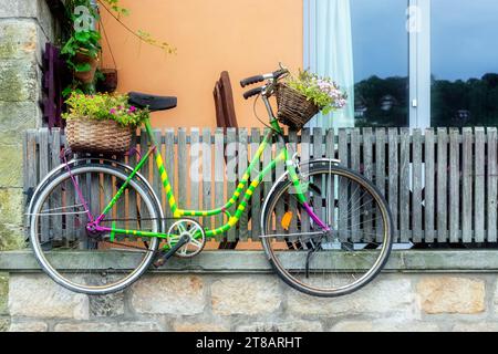 Vélo multicolore avec des paniers de fleurs suspendus sur une clôture en bois d'un immeuble résidentiel. Banque D'Images