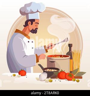 Homme cuisinant dans la cuisine. Illustration vectorielle de style plat. Illustration de Vecteur