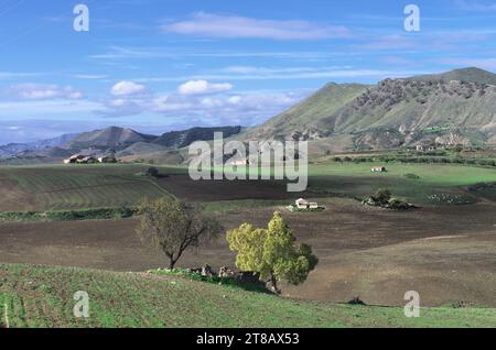 Vue sur la campagne des champs labourés en Sicile, Italie Banque D'Images