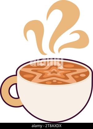 Tasse en céramique avec tourbillonnement de cacao doux chaud à la vapeur et motif de mousse sur la surface en forme d'étoile à cinq branches. Boissons à base de café revigorantes. Simple couleur s Illustration de Vecteur