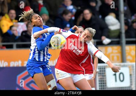 Crawley UK 19 novembre 2023 - Jorelyn Carabali de Brighton (à gauche) affronte Alessia Russo d'Arsenal pour le ballon lors du match de football féminin Barclays Super League entre Brighton & Hove Albion et Arsenal au Broadfield Stadium de Crawley : Credit Simon Dack /TPI/ Alamy Live News Banque D'Images