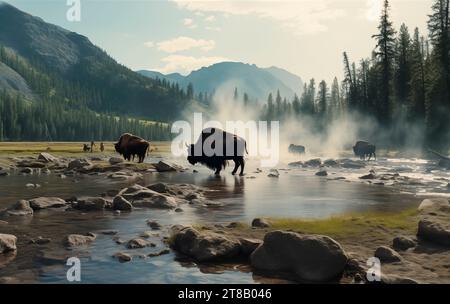 Gros bison américain, buffle (Bison bison), buffles en face des sources chaudes, États-Unis, Wyoming, parc national de Yellowstone, West Thumb Geysir Basin Banque D'Images