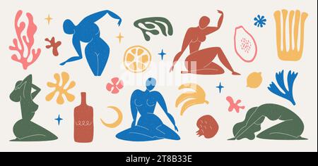 Matisse a inspiré l'art mural avec une figure féminine et des formes organiques ou des plantes. Corps de femme et éléments botaniques, feuille, algues, vase, corail et fruits exotiques abstraits symboles de la nature sur fond blanc. Illustration de Vecteur