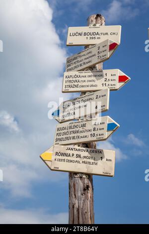 panneau de direction sur les montagnes, panneau de signalisation, marques touristiques Banque D'Images