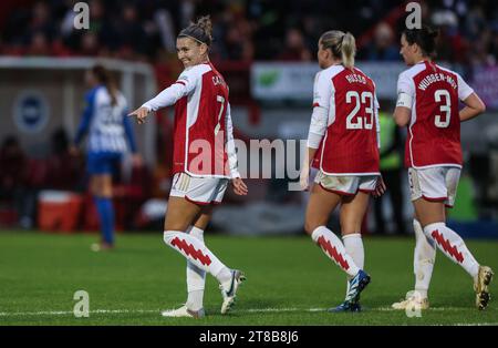 Crawley, Royaume-Uni. 19 novembre 2023. Steph Catley d'Arsenal lors du match de Barclays Women's Super League entre Brighton & Hove Albion et Arsenal au Broadfield Stadium de Crawley. Crédit : James Boardman/Alamy Live News Banque D'Images